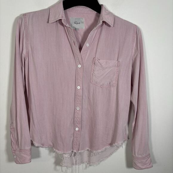 Rails Ingrid Raw Hem Button Down Shirt Pink Blush Acid Wash XS Long Sleeve Rayon - Picture 2 of 8